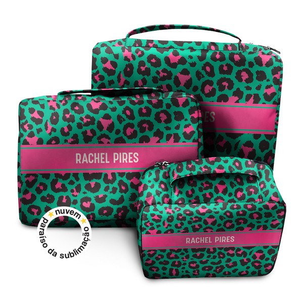 Foto do produto trio organizador de mala - onça print verde e rosa