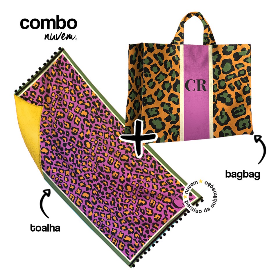 combo toalha canga + bagbag - animal print colorido amarelo-verde