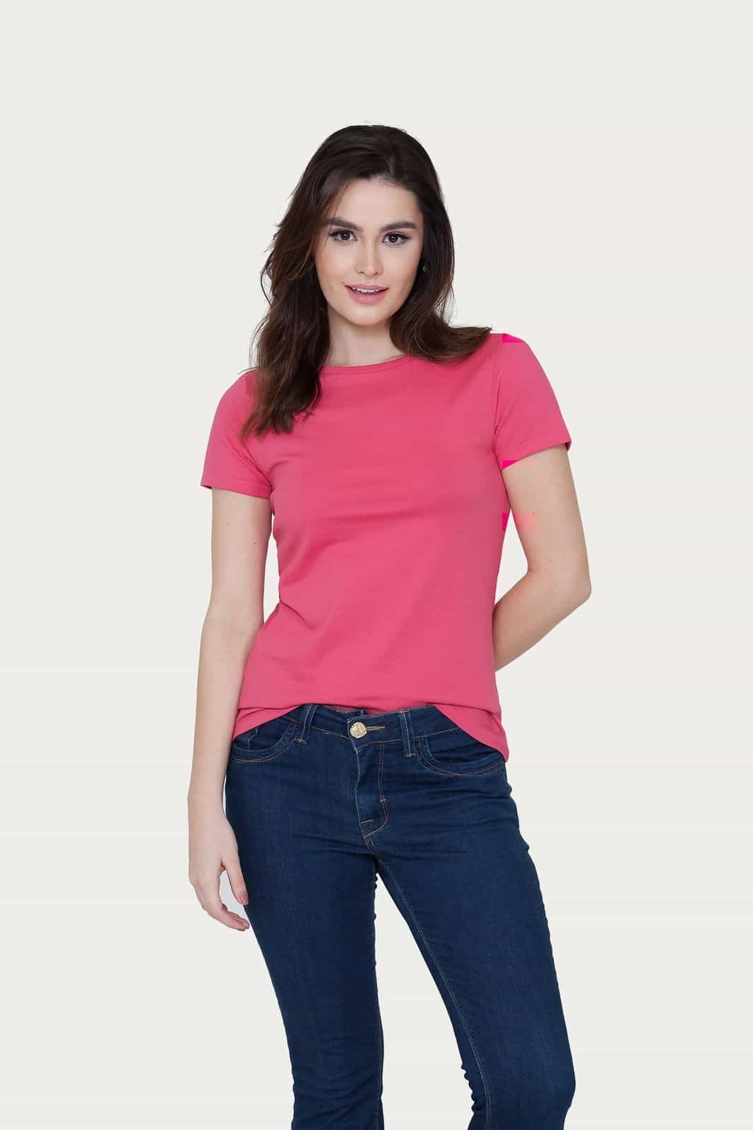 Camiseta Básica Feminina Algodão Premium Slim Fit Decote Redondo Rosa